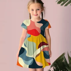 Girls' 3D Geometric Dress Pink Short Sleeve 3D Print Summer Daily Holiday Casual Beautiful Kids 3-12 Years Casual Dress Skater Dress Above Knee Regular Fit