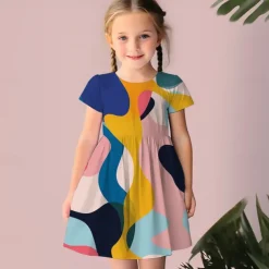 Girls' 3D Geometric Dress Pink Short Sleeve 3D Print Summer Daily Holiday Casual Beautiful Kids 3-12 Years Casual Dress Skater Dress Above Knee Regular Fit