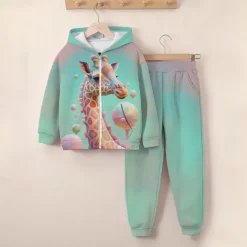 Girls' 3D Giraffe Hoodie & Sweatpants Set Long Sleeve 3D Printing Fall Winter Active Fashion Cute Kids 3-12 Years Zip Hooded Outdoor Street Regular Fit