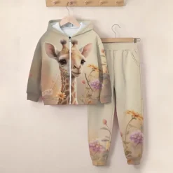 Girls' 3D Giraffe Hoodie & Sweatpants Set Long Sleeve 3D Printing Fall Winter Active Fashion Cute Kids 3-12 Years Zip Hooded Outdoor Street Regular Fit