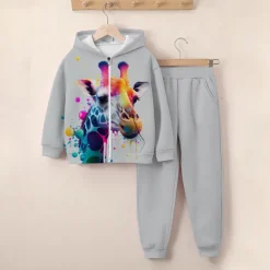 Girls' 3D Giraffe Hoodie & Sweatpants Set Long Sleeve 3D Printing Fall Winter Active Fashion Cute Kids 3-12 Years Zip Hooded Outdoor Street Regular Fit
