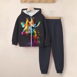 Girls' 3D Giraffe Hoodie & Sweatpants Set Long Sleeve 3D Printing Fall Winter Active Fashion Cute Kids 3-12 Years Zip Hooded Outdoor Street Regular Fit