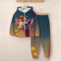 Girls' 3D Giraffe Hoodie & Sweatpants Set Long Sleeve 3D Printing Fall Winter Active Fashion Cute Kids 3-12 Years Zip Hooded Outdoor Street Regular Fit