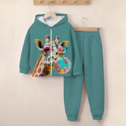 Girls' 3D Giraffe Hoodie & Sweatpants Set Long Sleeve 3D Printing Fall Winter Active Fashion Cute Kids 3-12 Years Zip Hooded Outdoor Street Regular Fit
