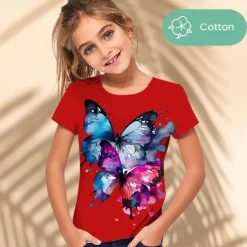 Girls' 3D Graphic Animal Butterfly T shirt Tee Short Sleeve 3D Print Summer Spring Active Fashion Cute 100% Cotton Kids 3-12 Years Outdoor Casual Daily Regular Fit