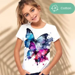 Girls' 3D Graphic Animal Butterfly T shirt Tee Short Sleeve 3D Print Summer Spring Active Fashion Cute 100% Cotton Kids 3-12 Years Outdoor Casual Daily Regular Fit