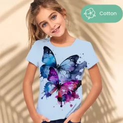 Girls' 3D Graphic Animal Butterfly T shirt Tee Short Sleeve 3D Print Summer Spring Active Fashion Cute 100% Cotton Kids 3-12 Years Outdoor Casual Daily Regular Fit