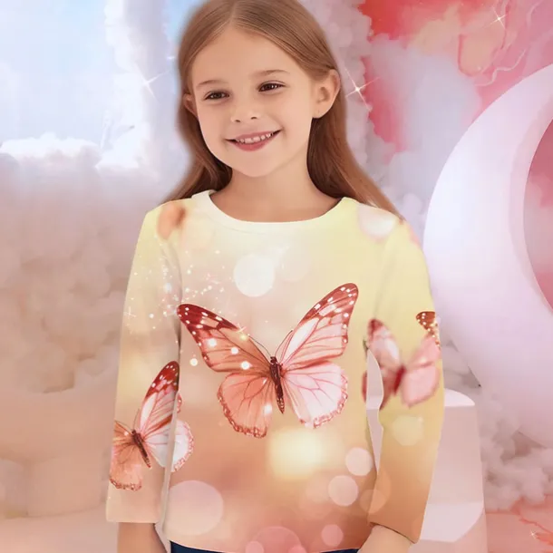 Girls' 3D Graphic Animal Butterfly T shirt Tee Long Sleeve Spring Fall Fashion Basic Kids 4-12 Years Crew Neck Outdoor Casual Daily Regular Fit