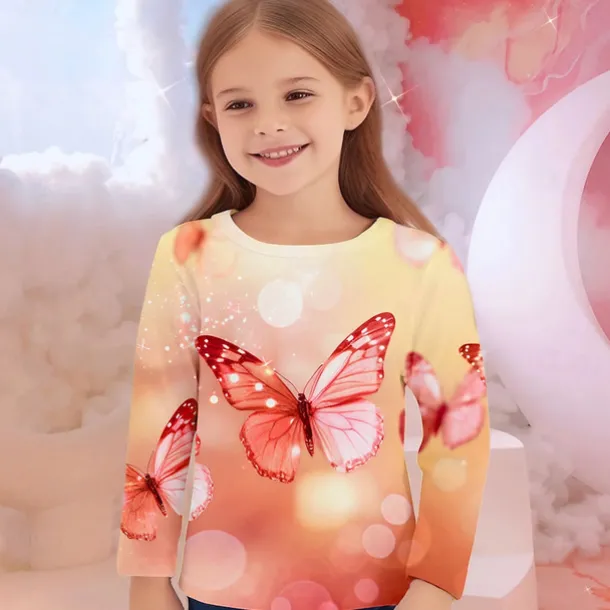 Girls' 3D Graphic Animal Butterfly T shirt Tee Long Sleeve Spring Fall Fashion Basic Kids 4-12 Years Crew Neck Outdoor Casual Daily Regular Fit