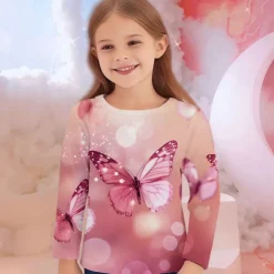 Girls' 3D Graphic Animal Butterfly T shirt Tee Long Sleeve Spring Fall Fashion Basic Kids 4-12 Years Crew Neck Outdoor Casual Daily Regular Fit