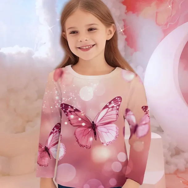 Girls' 3D Graphic Animal Butterfly T shirt Tee Long Sleeve Spring Fall Fashion Basic Kids 4-12 Years Crew Neck Outdoor Casual Daily Regular Fit