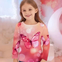 Girls' 3D Graphic Animal Butterfly T shirt Tee Long Sleeve Spring Fall Fashion Basic Kids 4-12 Years Crew Neck Outdoor Casual Daily Regular Fit