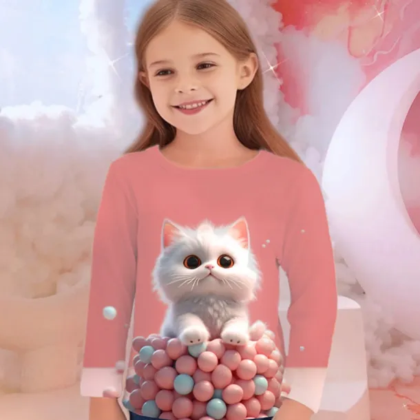 Girls' 3D Graphic Animal Cat T shirt Tee Long Sleeve Spring Fall Fashion Basic Kids 4-12 Years Crew Neck Outdoor Casual Daily Regular Fit