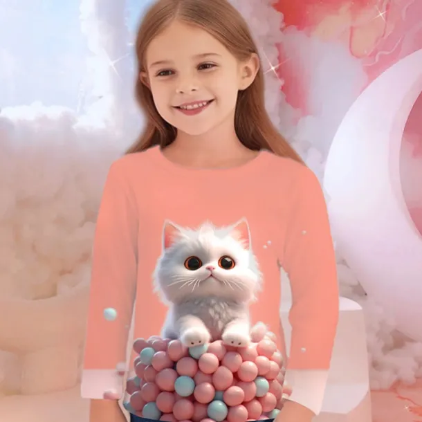 Girls' 3D Graphic Animal Cat T shirt Tee Long Sleeve Spring Fall Fashion Basic Kids 4-12 Years Crew Neck Outdoor Casual Daily Regular Fit