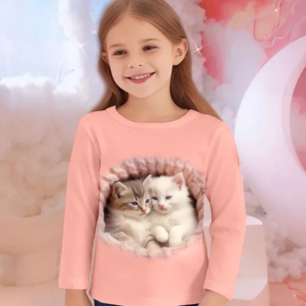 Girls' 3D Graphic Animal Cat T shirt Tee Long Sleeve Spring Fall Fashion Basic Kids 4-12 Years Crew Neck Outdoor Casual Daily Regular Fit
