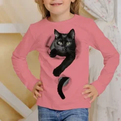 Girls' 3D Graphic Animal Cat T shirt Tee Long Sleeve Spring Fall Fashion Basic Kids 4-12 Years Crew Neck Outdoor Casual Daily Regular Fit