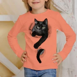Girls' 3D Graphic Animal Cat T shirt Tee Long Sleeve Spring Fall Fashion Basic Kids 4-12 Years Crew Neck Outdoor Casual Daily Regular Fit