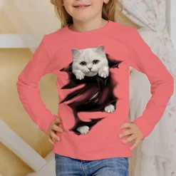 Girls' 3D Graphic Animal Cat T shirt Tee Long Sleeve Spring Fall Fashion Basic Kids 4-12 Years Crew Neck Outdoor Casual Daily Regular Fit