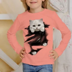Girls' 3D Graphic Animal Cat T shirt Tee Long Sleeve Spring Fall Fashion Basic Kids 4-12 Years Crew Neck Outdoor Casual Daily Regular Fit