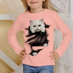 Girls' 3D Graphic Animal Cat T shirt Tee Long Sleeve Spring Fall Fashion Basic Kids 4-12 Years Crew Neck Outdoor Casual Daily Regular Fit