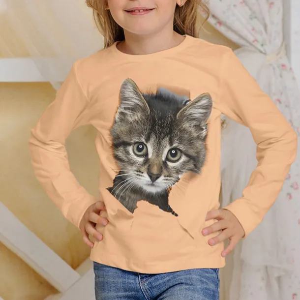 Girls' 3D Graphic Animal Cat T shirt Tee Long Sleeve Spring Fall Fashion Basic Kids 4-12 Years Crew Neck Outdoor Casual Daily Regular Fit