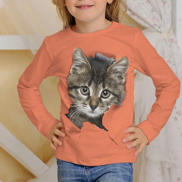 Girls' 3D Graphic Animal Cat T shirt Tee Long Sleeve Spring Fall Fashion Basic Kids 4-12 Years Crew Neck Outdoor Casual Daily Regular Fit