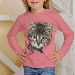 Girls' 3D Graphic Animal Cat T shirt Tee Long Sleeve Spring Fall Fashion Basic Kids 4-12 Years Crew Neck Outdoor Casual Daily Regular Fit