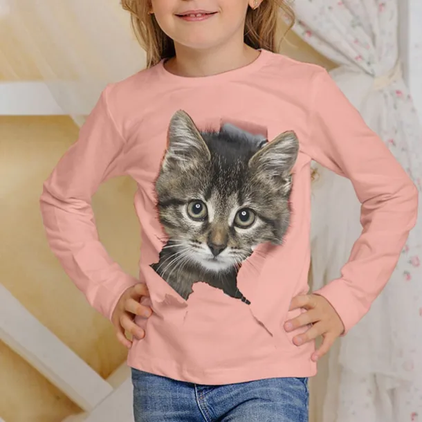 Girls' 3D Graphic Animal Cat T shirt Tee Long Sleeve Spring Fall Fashion Basic Kids 4-12 Years Crew Neck Outdoor Casual Daily Regular Fit