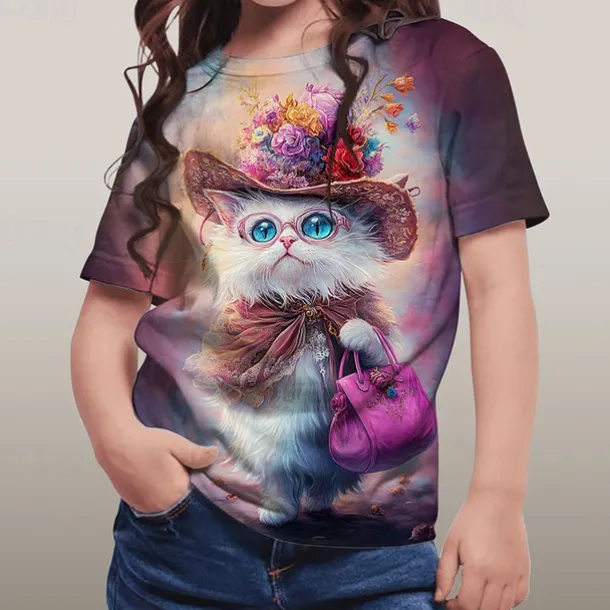 Girls' 3D Graphic Animal Cat T shirt Tee Short Sleeve Summer Spring Fashion Basic Kids 4-12 Years Crew Neck Outdoor Casual Daily Regular Fit