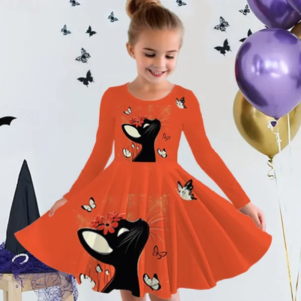 Girls' 3D Graphic Animal Cat Dress Long Sleeve Summer Spring Vacation Daily Holiday Princess Beautiful Sweet Kids 4-12 Years Casual Dress A Line Dress Knee-length Regular Fit