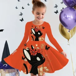 Girls' 3D Graphic Animal Cat Dress Long Sleeve Summer Spring Vacation Daily Holiday Princess Beautiful Sweet Kids 4-12 Years Casual Dress A Line Dress Knee-length Regular Fit