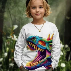 Girls' 3D Graphic Animal Dinosaur T shirt Tee Long Sleeve Spring Fall Fashion Basic Kids 4-12 Years Crew Neck Outdoor Casual Daily Regular Fit