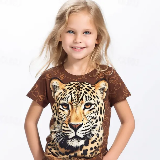 Girls' 3D Graphic Animal Leopard T shirt Tee Short Sleeve 3D Print Summer Spring Active Fashion Streetwear Kids 3-12 Years Outdoor Casual Daily Regular Fit