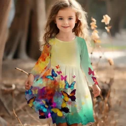 Girls' 3D Graphic Butterfly Dress Long Sleeve 3D Print Summer Spring Fall Vacation Sports & Outdoor Daily Cute Casual Beautiful Kids 3-12 Years Casual Dress A Line Dress Above Knee Regular Fit