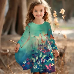 Girls' 3D Graphic Butterfly Dress Long Sleeve 3D Print Summer Spring Fall Vacation Sports & Outdoor Daily Cute Casual Beautiful Kids 3-12 Years Casual Dress A Line Dress Above Knee Regular Fit