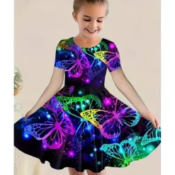 Girls' 3D Graphic Butterfly Dress Short Sleeve Summer Spring Vacation Daily Holiday Beautiful Sweet Kids 4-12 Years Casual Dress A Line Dress Knee-length Regular Fit