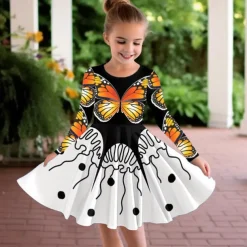 Girls' 3D Graphic Butterfly Dress Long Sleeve 3D Print Summer Fall Sports & Outdoor Daily Holiday Cute Casual Beautiful Kids 3-12 Years Casual Dress A Line Dress Above Knee Polyester Regular Fit