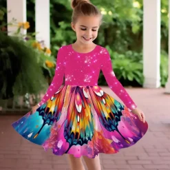 Girls' 3D Graphic Butterfly Dress Long Sleeve 3D Print Summer Fall Vacation Sports & Outdoor Daily Cute Casual Beautiful Kids 3-12 Years Casual Dress A Line Dress Above Knee Regular Fit