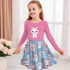 Girls' 3D Graphic Cartoon Cat Dress Long Sleeve 3D Print Summer Spring Fall Vacation Sports & Outdoor Daily Cute Casual Beautiful Kids 3-12 Years Casual Dress A Line Dress Above Knee Regular Fit