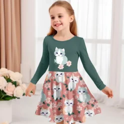 Girls' 3D Graphic Cartoon Cat Dress Long Sleeve 3D Print Summer Spring Fall Vacation Sports & Outdoor Daily Cute Casual Beautiful Kids 3-12 Years Casual Dress A Line Dress Above Knee Regular Fit