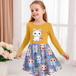 Girls' 3D Graphic Cartoon Cat Dress Long Sleeve 3D Print Summer Spring Fall Vacation Sports & Outdoor Daily Cute Casual Beautiful Kids 3-12 Years Casual Dress A Line Dress Above Knee Regular Fit