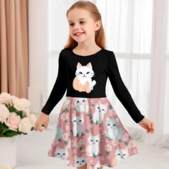Girls' 3D Graphic Cartoon Cat Dress Long Sleeve 3D Print Summer Spring Fall Vacation Sports & Outdoor Daily Cute Casual Beautiful Kids 3-12 Years Casual Dress A Line Dress Above Knee Regular Fit
