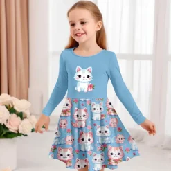 Girls' 3D Graphic Cartoon Cat Dress Long Sleeve 3D Print Summer Spring Fall Vacation Sports & Outdoor Daily Cute Casual Beautiful Kids 3-12 Years Casual Dress A Line Dress Above Knee Regular Fit