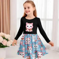 Girls' 3D Graphic Cartoon Cat Dress Long Sleeve 3D Print Summer Spring Fall Vacation Sports & Outdoor Daily Cute Casual Beautiful Kids 3-12 Years Casual Dress A Line Dress Above Knee Regular Fit