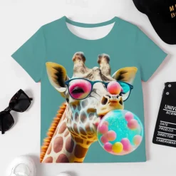 Girls' 3D Graphic Cartoon Giraffe T shirt Tee Short Sleeve 3D Print Summer Spring Active Fashion Cute Kids 3-12 Years Outdoor Casual Daily Regular Fit