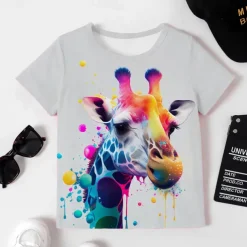 Girls' 3D Graphic Cartoon Giraffe T shirt Tee Short Sleeve 3D Print Summer Spring Active Fashion Cute Kids 3-12 Years Outdoor Casual Daily Regular Fit
