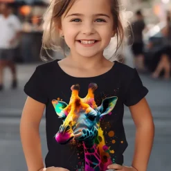 Girls' 3D Graphic Cartoon Giraffe T shirt Tee Short Sleeve 3D Print Summer Spring Active Fashion Cute Kids 3-12 Years Outdoor Casual Daily Regular Fit
