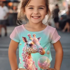 Girls' 3D Graphic Cartoon Giraffe T shirt Tee Short Sleeve 3D Print Summer Spring Active Fashion Cute Kids 3-12 Years Outdoor Casual Daily Regular Fit