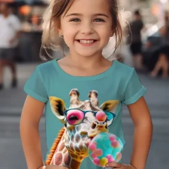 Girls' 3D Graphic Cartoon Giraffe T shirt Tee Short Sleeve 3D Print Summer Spring Active Fashion Cute Kids 3-12 Years Outdoor Casual Daily Regular Fit