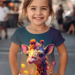 Girls' 3D Graphic Cartoon Giraffe T shirt Tee Short Sleeve 3D Print Summer Spring Active Fashion Cute Kids 3-12 Years Outdoor Casual Daily Regular Fit